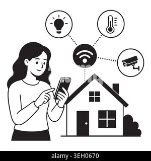 Smart Home Automation System Konzept mit einer Frau, die die Smartphone-App zur Steuerung von Hausgeräten verwendet Stock Vektor