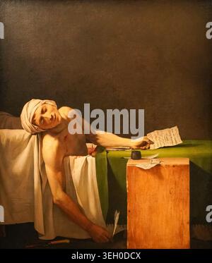 Jacques-Louis Davids „der Tod von Marat“ während einer Kunstausstellung der Französischen Revolution im Pariser Musée Carnavalet Stockfoto
