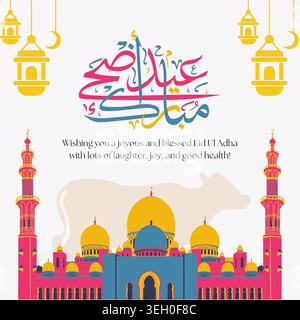 EID al Adha Mubarak buntes Vektorplakat, Banner, arabische Kalligraphie, in der Mitte mit Laterne, Mond und Moschee. Ramadan, Eid, ialamische Grußkarte. Stock Vektor