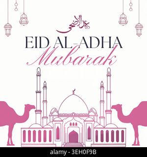 EID al Adha Mubarak islamische Grußkarte, Poster, Einladungsdesign. Abstraktes lila Design mit Moscheeverzierung, Kamel und hängender Laterne. Stock Vektor