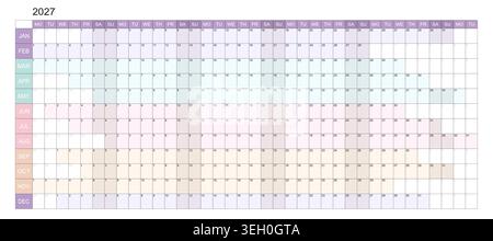 2027 horizontaler, farbenfroher Kalender oder Planer. Vektordesign. Stock Vektor