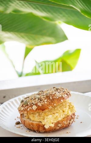 Vertikale Nahaufnahme des Eiersalat-Bagel-Sandwiches auf weißem Teller Stockfoto