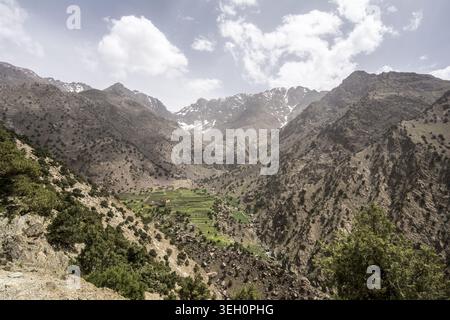 Blick auf das zerklüftete Atlasgebirge mit terrassenförmig angelegten grünen Feldern und ein kleines Dorf im Tal unter einem bewölkten Himmel in Tizi Oussem, Marrakesch-S Stockfoto