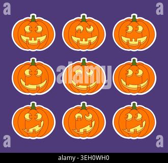 Halloween Lächeln Kürbis Laternen Aufkleber Set. Vektordesign. Stock Vektor