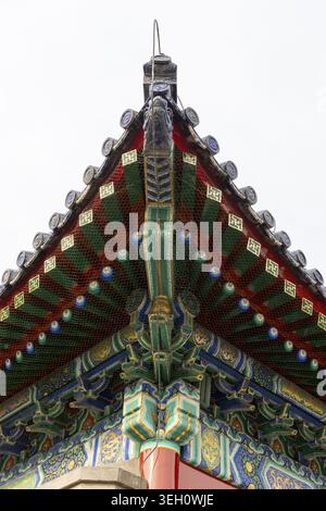 Blick auf die komplizierten farbenfrohen Traufe und das traditionelle Ziegeldach eines historischen chinesischen Palastgebäudes Peking, Peking, China. Stockfoto