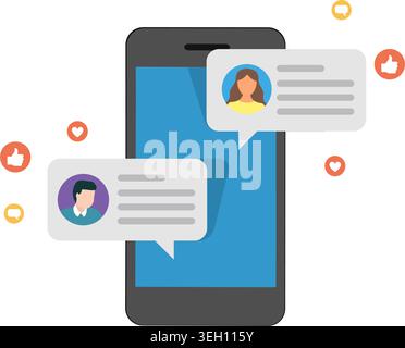 Vektorgrafik eines Mobiltelefons mit Social-Media-Chat-Blasen, Profilsymbolen und Reaktionsemojis. Stock Vektor