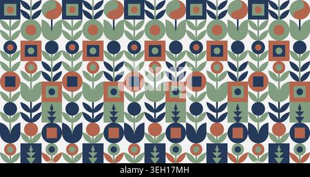 Nahtloses geometrisches Vektor-Muster mit abstrakten floralen und botanischen Motiven in einer modernen Retro-Ästhetik der Mitte des Jahrhunderts. Stock Vektor