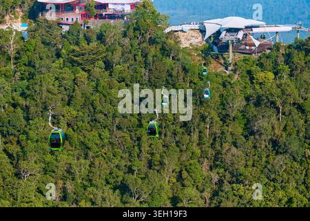 LANGKAWI, MALAYSIA - 14. Januar 2025: Touristen, die einen Panoramablick auf die Langkawi Sky Bridge mit gebogenem Kabel genießen, blieben Struktur unter blauem Himmel Stockfoto