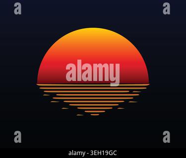Synthwave Retrowave Stil Sonnenuntergang Hintergrund mit einer großen leuchtenden orange und rote Sonne mit Horizont Wasserlinie Reflexionen auf einem dunklen Hintergrund. Stock Vektor
