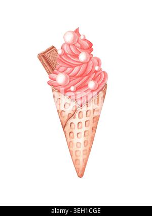 Rosafarbener, weicher Servierteller in Waffelkegel mit runden Süßigkeiten und Schokoladenstück isoliert. Aquarellkunst. Ideal für das Markenzeichen von Eisdielen, süße Geschenkverpackung, Teil Stockfoto