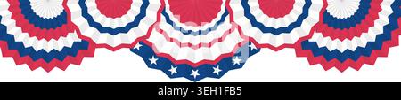 Amerikanische Fahnen mit Sternen und Streifen hängen am Rand. Rot-weiß-blaue halbkreisförmige patriotische Girlanden für den 4. Juli-Unabhängigkeitstag Stock Vektor