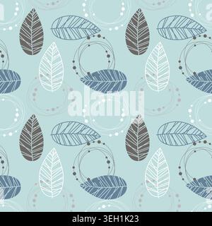 Muster mit abstrakten, handgezeichneten Blättern und zarten geometrischen Kreisen auf mintblauem Hintergrund für skandinavische Heimtapete, Textildruck und Verpackung Stock Vektor