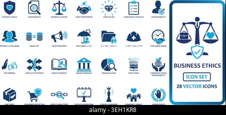Professionelle blaue und marineblaue Vektorsymbole, die Geschäftsethik repräsentieren. Mit Waage, Handshake und rechtlichen Symbolen. Ideal für Firmenpräsentationen Stock Vektor