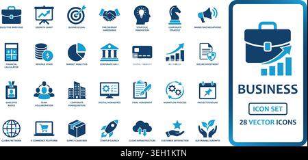 Professionelles zweifarbiges Icon-Set mit 28 marineblauen und hellblauen Symbolen. Zu den Elementen gehören Aktenkoffer, Finanzdiagramme, Teamzusammenarbeit, A Stock Vektor
