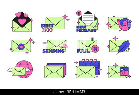 E-Mail- und Messaging-UI-Overlay-Elementsatz für Neubrutalismus Stock Vektor