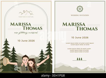 Hochzeitseinladungskarte Schablone Set mit niedlichen Zeichentrickfilmen in Camping-Outfits, Kiefern Wald und Berge Hintergrund, Natur & Abenteuer Thema Stock Vektor