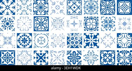 Mediterranes Mosaik mit traditionellen Ornamenten und geometrischen Motiven. Portugiesisches Vintage-Design mit authentischen Dekorationselementen in blauen Farben Stock Vektor