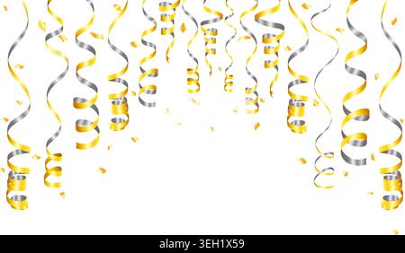 Goldener, silberner Streifen und Konfetti auf transparentem Hintergrund. Dekoration mit Serpentine für Geburtstag, Party, Weihnachten, Neujahr. Die Goldlocken fallen Stock Vektor