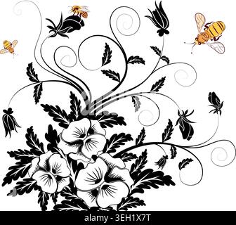 Blumenstrauß von Stiefmütterchen mit Biene, Element für Design, Vektorillustration Stock Vektor