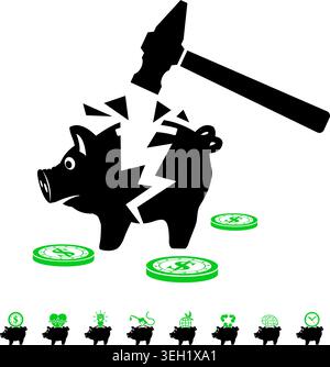 Vektorkonzept mit zweifarbigem Symbolsatz, wie z. B. Piggy Bank, Geld, Zeit, kann für Flyer, Poster, Website verwendet werden Stock Vektor
