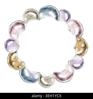 Klassische runde Kugeln Ornamente Kranz, handgezeichneter Bleistift und Aquarellillustration, metallischer Quecksilberglas Glanz. Schreibwaren für Feiertage, Einzelhandel Stockfoto