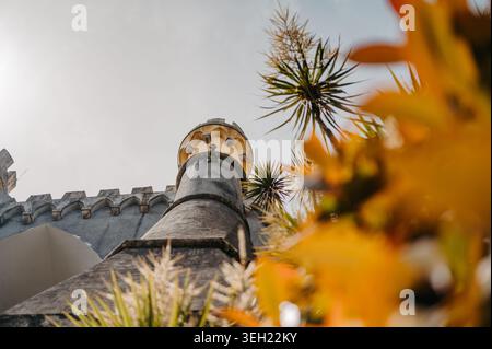 Flacher Blick auf den Turm des Pena Palace, eingerahmt von Laub in Sintra Stockfoto