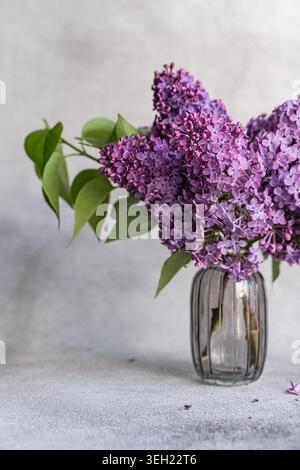 Wunderschöne Fliederblumen im Innenraum und Tischdekoration Stockfoto