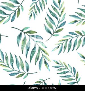 Nahtloses Aquarellmuster mit handgezeichnetem tropischen Palmenblatt. Botanische Illustration des exotischen grünen Farnblattes. Frischer Sommerschmuck für Textilien Stockfoto