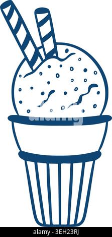 Eiscreme im mediterranen Stil. Handgezeichnete blaue Tintenskizze auf weißem Hintergrund. Eislöffel mit Streuseln und Strohhalmen in Waffelkegel. Stock Vektor