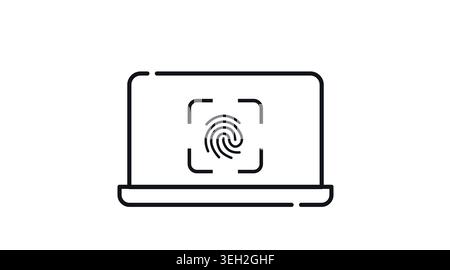 Biometrisches Laptop-Sicherheitssymbol: Tragbarer Notebook-Computer mit Fingerabdruckscanner auf dem Bildschirm, minimalistische schwarze Linien-Vektor-Illustration für Ident Stock Vektor