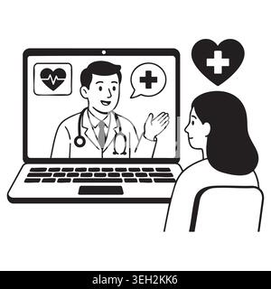 Online-medizinische Beratung mit männlichem Arzt auf Laptop-Bildschirm sprechen mit weiblichen Patienten über Gesundheitscheck Unterstützung Telemedizin Klinik App dünn lin Stock Vektor