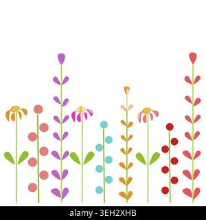 Bunte stilisierte Blumenrand, verschiedene geometrische Blumenformen in orange rosa lila Türkis gelbe Koralle, grüne Stiele, flaches Design, Vektor illus Stockfoto