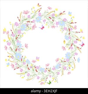 Zarter Blumenkranz mit rosafarbenen, gelben Wildblumen, grünen Stielblättern, bunten Schmetterlingen in rosafarbenem Gelbblau, kreisförmigem Rahmen, Aquarellmuster Stockfoto