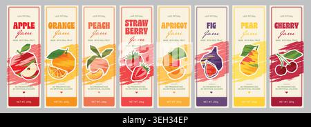 Etikettenkollektion Mit Fruchtmarmelade. Kreative Fruchtelemente Aus Lackiertem Papier. Illustration Des Abgewickelten Vektors. Stock Vektor