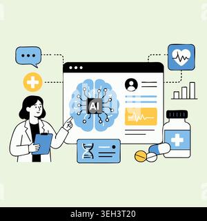 Professionelle Ärzte analysieren künstliche Intelligenz Gehirndaten auf Computerbildschirm für moderne medizinische Linie Vektor-Illustration Stock Vektor