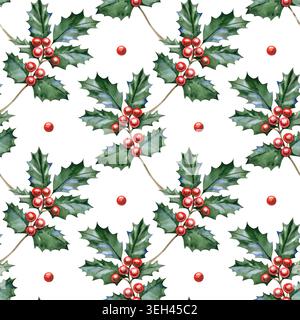 Nahtloses Aquarellmuster mit stechpalmenzweigen, grünen Blättern und roten Beeren, handgezeichnetem festlichem Winterschmuck für weihnachtliches Textildesign und Stockfoto