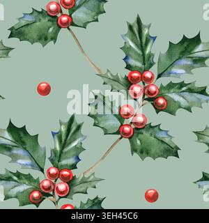 Nahtloses Aquarellmuster mit stechpalmenzweigen, grünen Blättern und roten Beeren, handgezeichnetem festlichem Winterschmuck für weihnachtliches Textildesign und Stockfoto