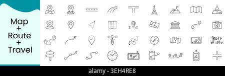 Symbole für Kartenfahrt und Route, Navigationsort Richtung und Tourismuslinien für GPS-Transport und Reiseplanung Stock Vektor