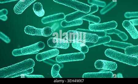 Grün fluoreszierende Bakterien oder Viren unter dem Mikroskop. Grün fluoreszierende Bakterien oder Viren unter dem Mikroskop. Pathogene, bakterielle Infektion, mikroskopische Darstellung, Mikrobiologie, Krankheit, ansteckend. Modell, 3D-Illustration science031s02 Bacterium Stockfoto
