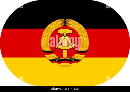Flagge der DDR. Ehemalige Staatsflagge der Deutschen Demokratischen Republik mit schwarzen, roten und goldenen Streifen mit Nationalwappen. Vektorfahne in flachem ovalen Design Stock Vektor