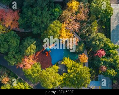 Farbenfrohe Baumkronen in einem Stadtpark zeigen einen Spielplatz aus hoher Luftperspektive an einem hellen Herbsttag Stockfoto