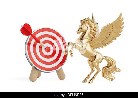 Ehrgeizige Zielerreichung Und Magisches Erfolgskonzept. Golden Winged Unicorn Neben Bullseye Target Mit Red Dart Treting Center Auf Clean White Backg Stockfoto