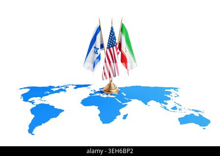 Globale Diplomatie Und Geopolitik Im Nahen Osten. Israel, Vereinigte Staaten Und Iran Flaggen Auf Stand Über Der Blauen Weltkarte Auf Sauberem Weißem Hintergrund. 3D Stockfoto