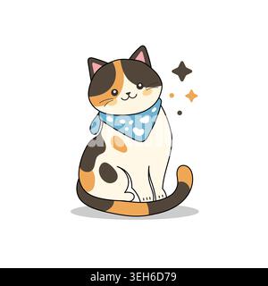 Niedliche Calico-Katzenillustration mit sanften Farben und blauem Schal, mit niedlichem Ausdruck, perfekt für verspielte und freundliche Designs. Stock Vektor