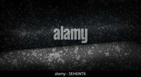 Ein abstrakter künstlerischer Hintergrund mit einer dunklen, stimmungsvollen Atmosphäre mit verstreuten weißen Farbspritzern und dezenten horizontalen Lichtstreifen. Stockfoto