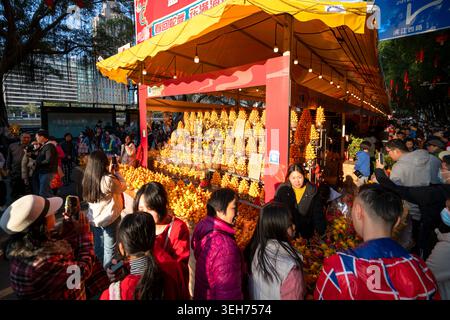 Menschenmassen besuchen den festlichen Haizhu Blumenmarkt entlang des Perlflusses am Silvestermond in Guangzhou, Guangdong, China Stockfoto