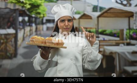 Die junge Küchenchefin hält ein Tablett mit Muffins und zeigt mit dem Finger an den Verkaufsständen auf dem Straßenmarkt; Selbstvertrauen stolz auf Handwerkskunst Wärme. Stockfoto