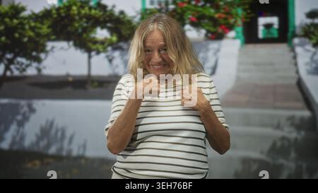 Eine ältere Frau zeigt den Finger auf die Kamera, während sie ihre Brust vor einem Gebäude mit sichtbaren Stufen und Blumen umklammert; verspieltes Selbstvertrauen. Stockfoto