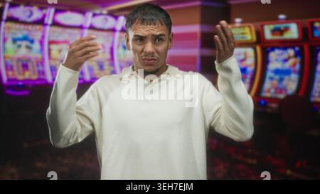 Mann, der die Brust mit der rechten Hand berührt, mit weißem Pullover, vor beleuchteten Spielautomaten in einem Casino stehend, mit einem angespannten Gesichtsausdruck Stockfoto