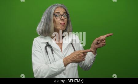 Frau Ärztin mittleren Alters grauhaarig mit weißem Mantel und Stethoskop zeigt Finger nach rechts im grünen Atelier; Skepsis. Stockfoto